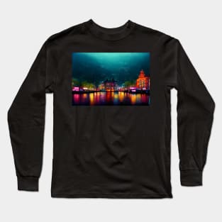 Neon Amsterdam City Skyline In Neonlight / Amsterdam City silhouette Long Sleeve T-Shirt